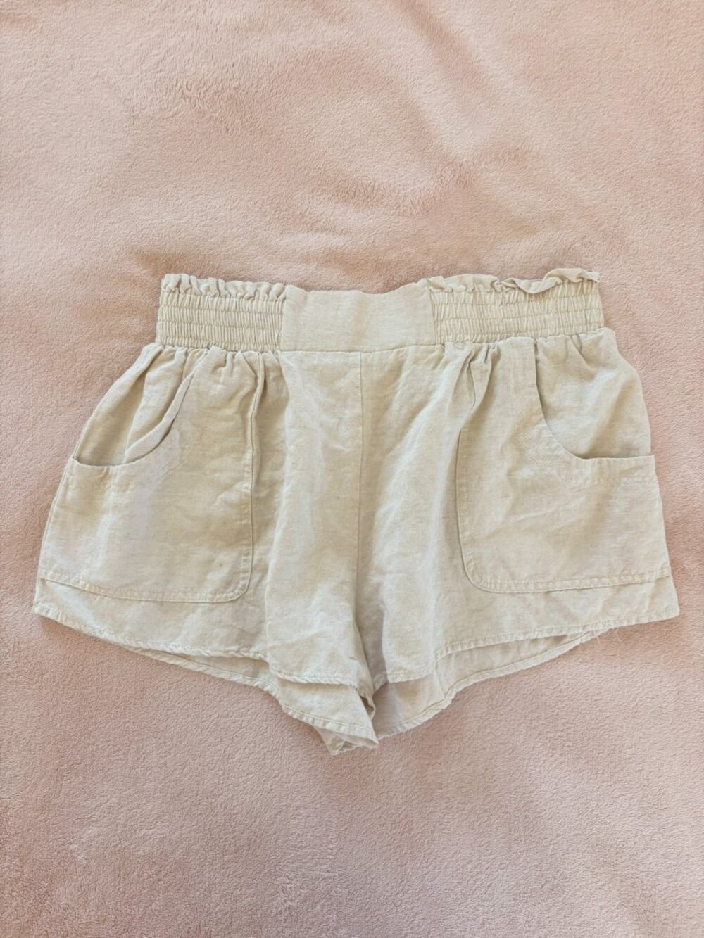 Mable Natural Linen Rayon Blend Ruched High Waist Shorts L